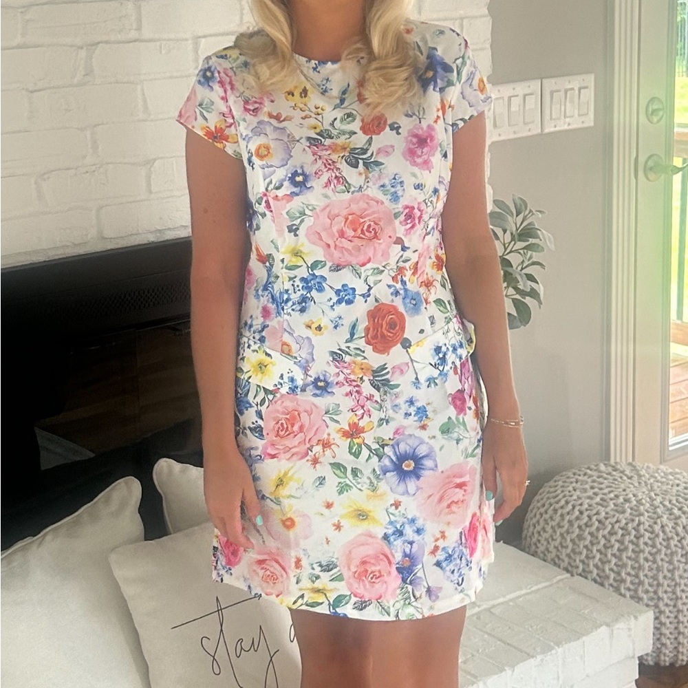Pink and Blue Sheath Mini Dress with Flutter Cap Sleeves